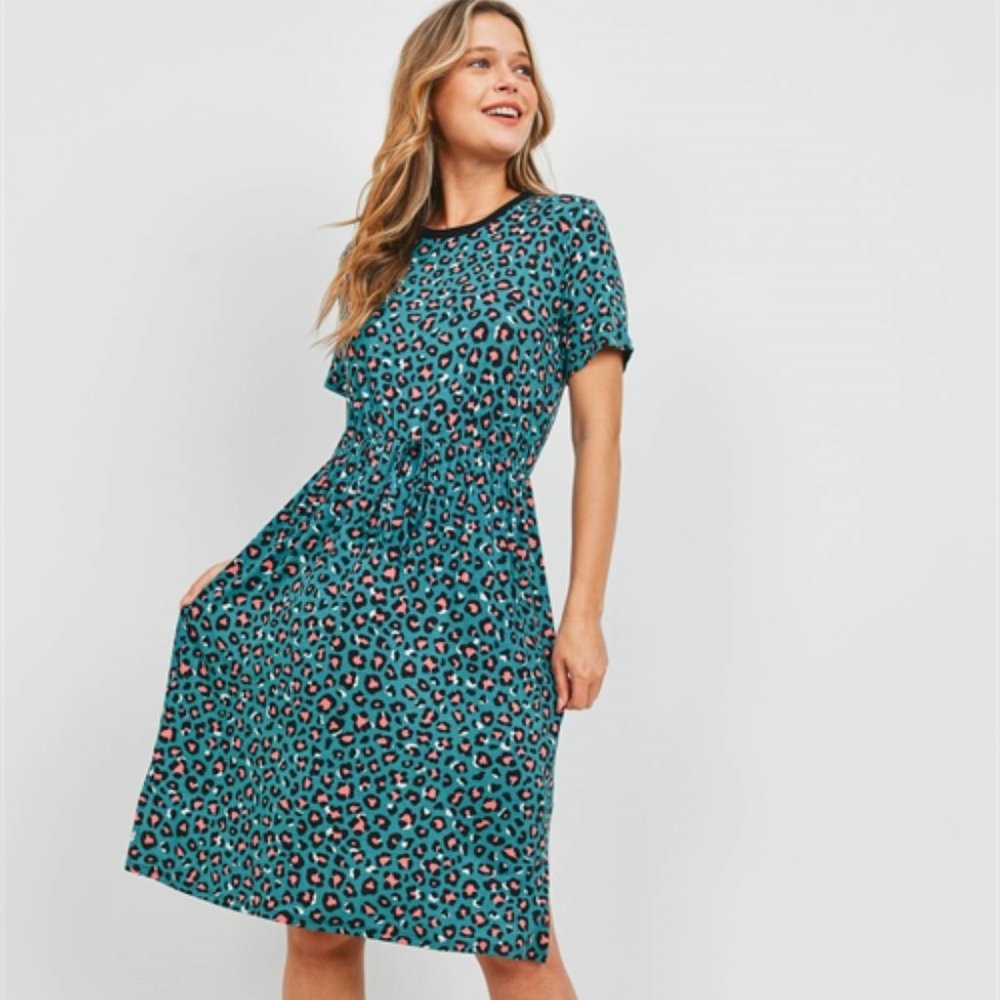 Teal Leopard Print Pleated Dress